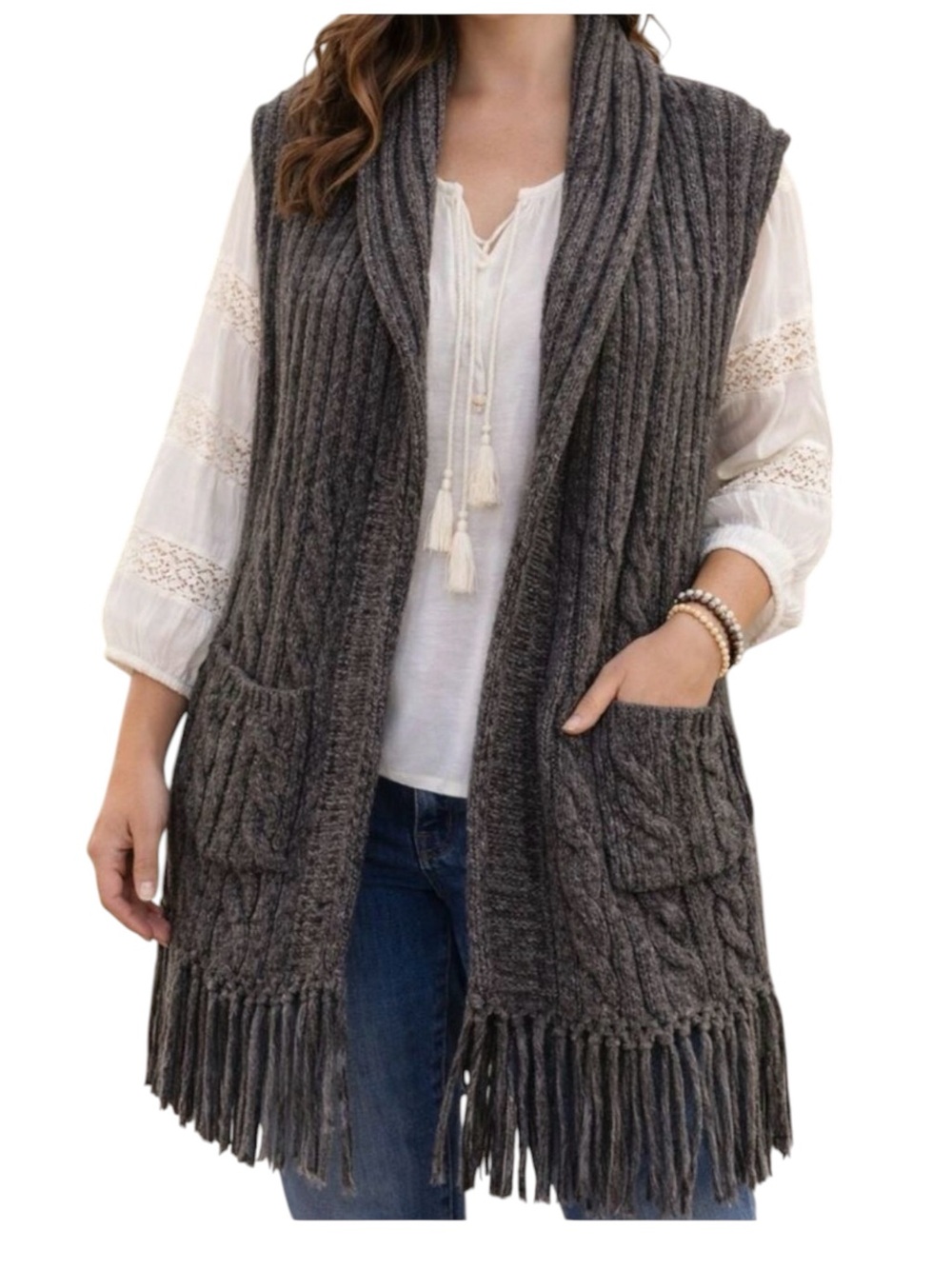 Cabi Charcoal Gray Wool Blend Chunky Cable Knit Fringe Cardigan Vest Medium Boho